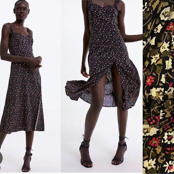 Zara micro Floral print Midi slip Dress viscose black green silky M - Picture 1 of 14